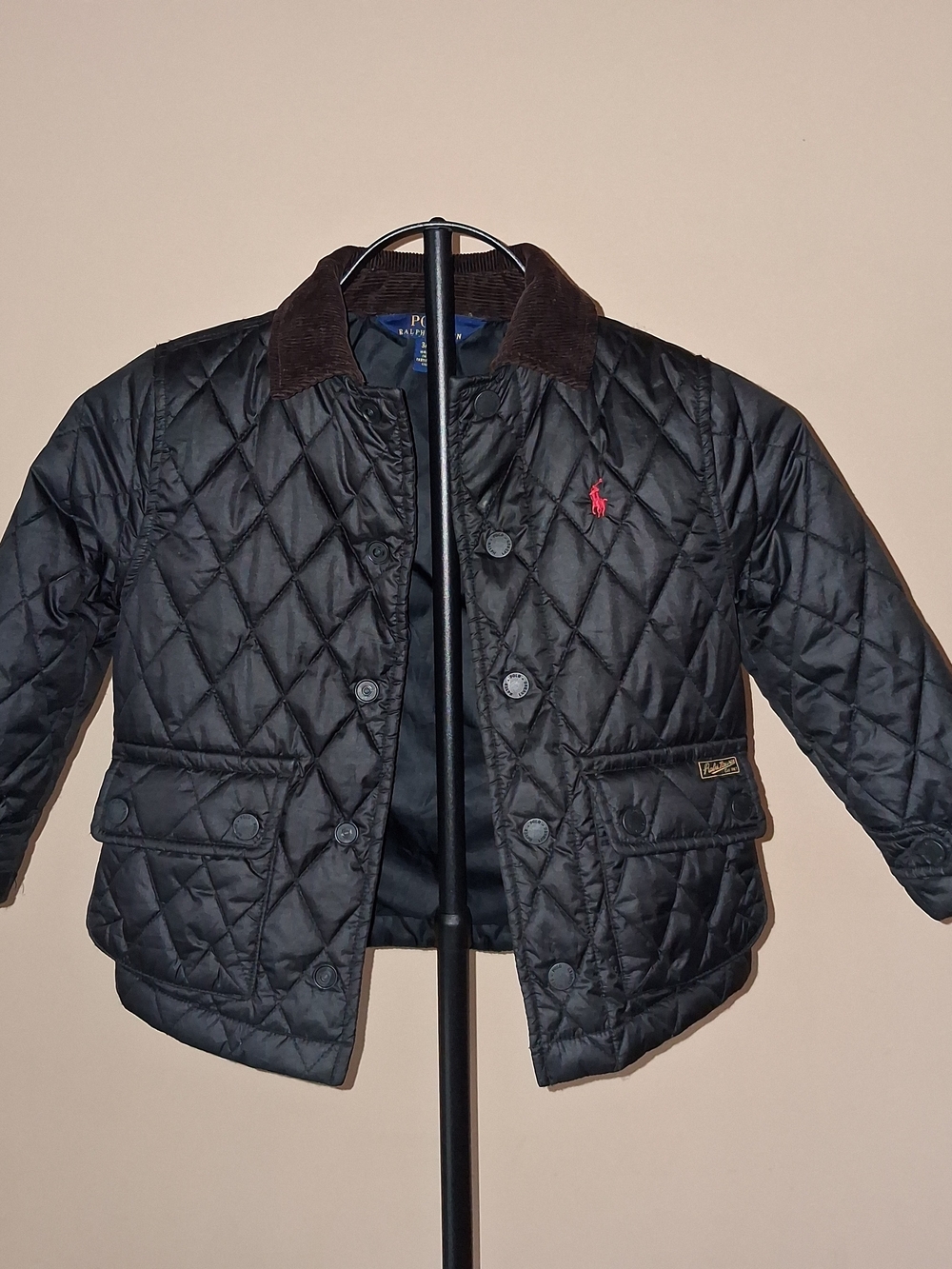 Polo Ralph Lauren Boy's Black Quilted Jacket W/Corduroy Collar; Size 3T
